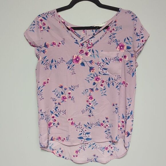 Pink Rose Tops - Pink Rose Purple Floral V Neck Blouse